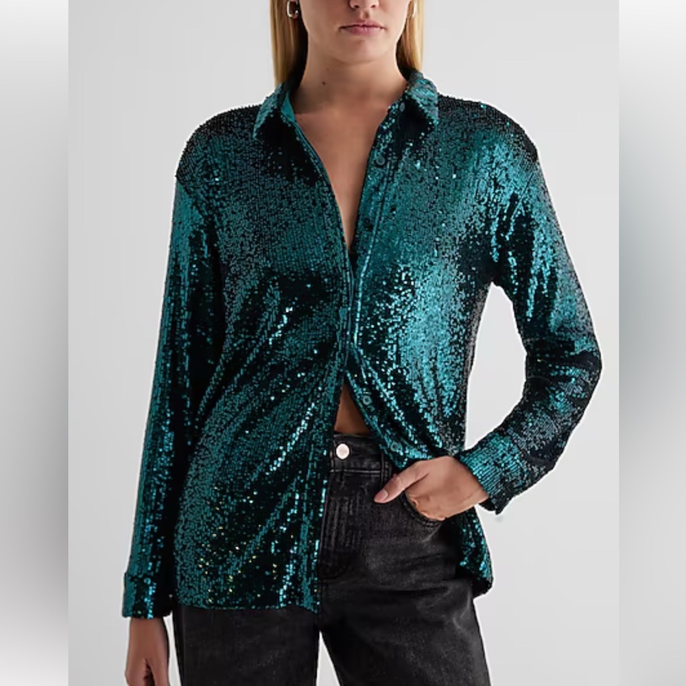 Express Relaxed Teal Sequin Portofino Shirt Size Small